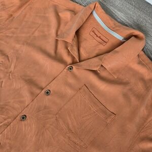 Tommy‎ Bahama 100% Silk Shirt Men's XL Orange Loop Collar  Leaf design